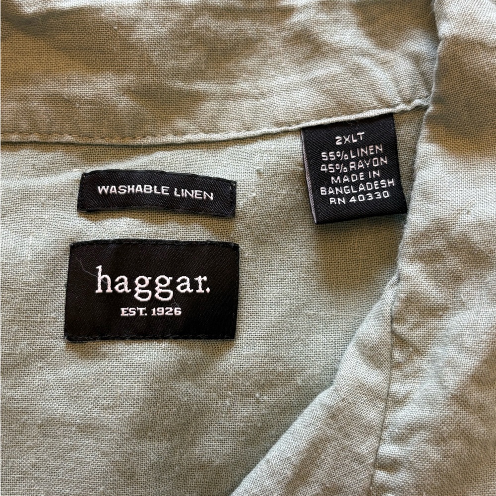 Haggar Washable Linen Blend Short Sleeve Shirt 2XLT Light Sage Tropical Panel - Picture 3 of 6